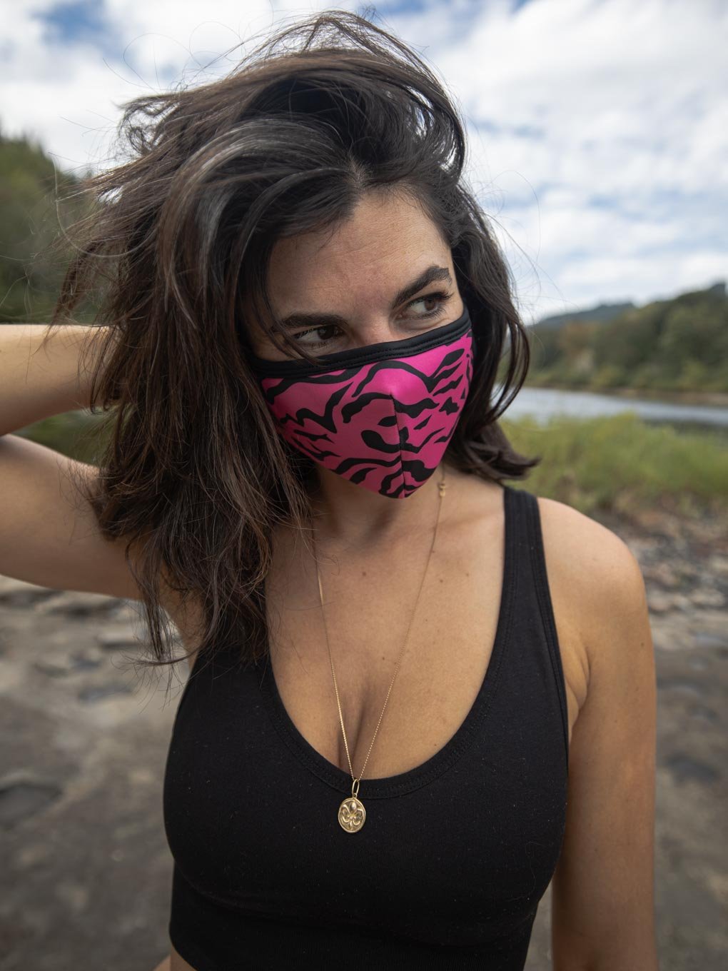 Neon Pink Copper-Threaded Face Mask in Zebra Design