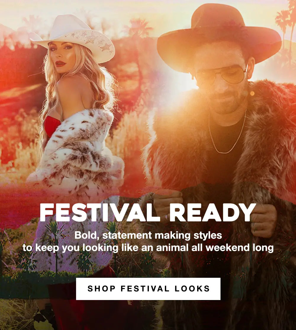A stylish festival-themed banner featuring a woman in a white cowboy hat and faux fur coat alongside a man wearing a wide-brimmed hat, sunglasses, and a fur jacket. The sunlit background has warm golden hues with palm trees in the distance. Bold white text reads 'FESTIVAL READY,' followed by a tagline about bold statement styles. A call-to-action button at the bottom says 'SHOP FESTIVAL LOOKS.