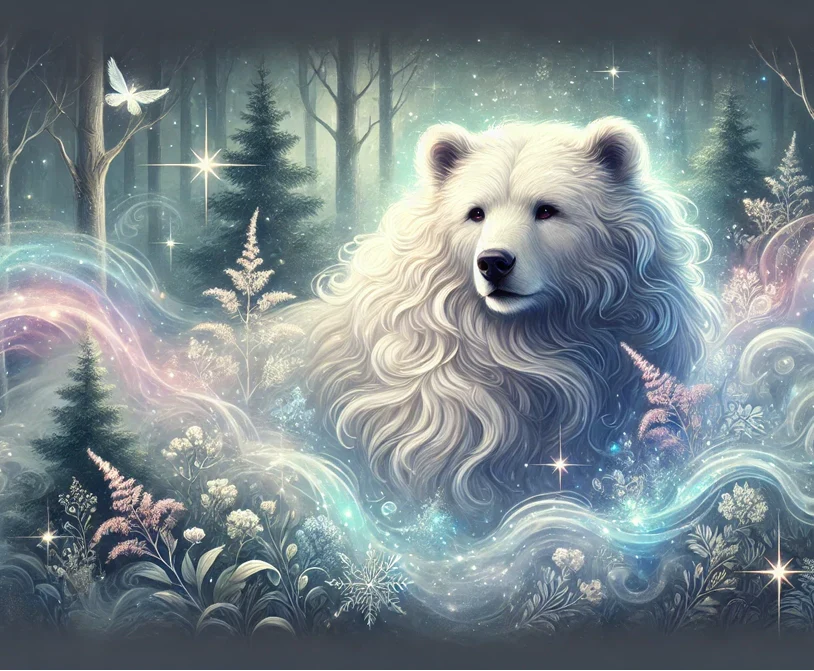 White bear in a mystical forest with glowing elements