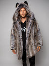 Man wearing LE Grey Wolf Palm Faux Fur Coat, front view