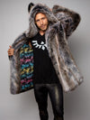 Man wearing LE Grey Wolf Palm Faux Fur Coat, front view 3