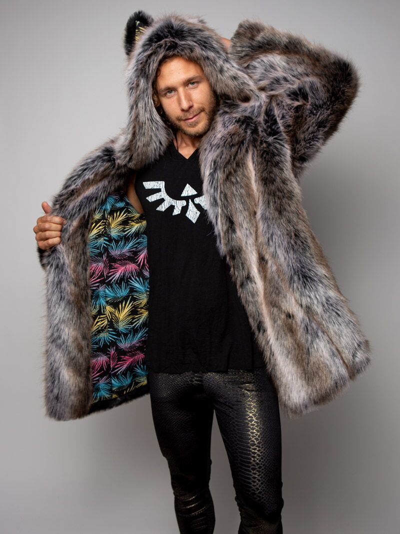 Man wearing LE Grey Wolf Palm Faux Fur Coat, front view 3