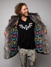 Man wearing LE Grey Wolf Palm Faux Fur Coat, front view 1