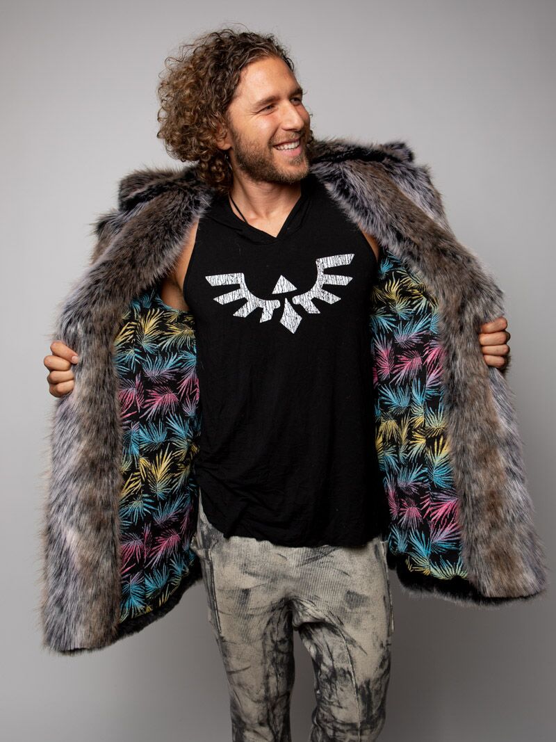 Man wearing LE Grey Wolf Palm Faux Fur Coat, front view 1