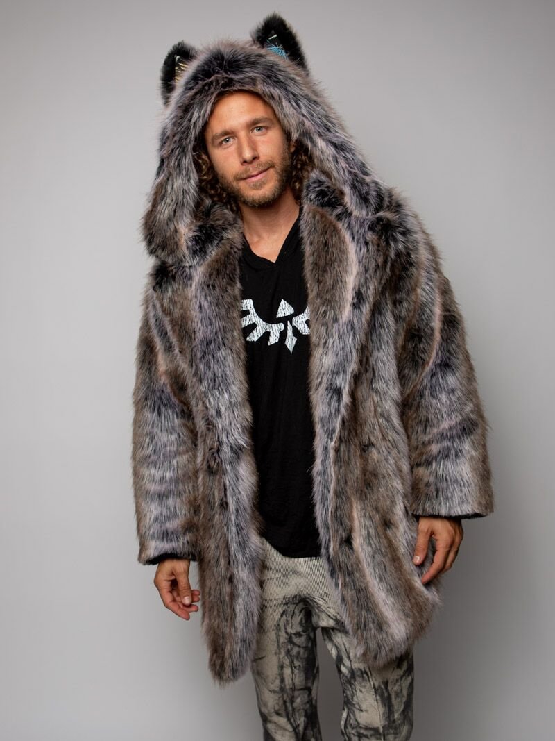 Man wearing LE Grey Wolf Palm Faux Fur Coat, front view 4