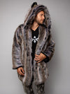 Man wearing LE Grey Wolf Palm Faux Fur Coat, front view 2