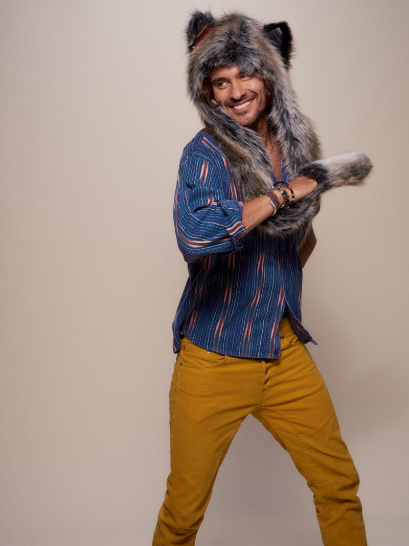 Man wearing faux fur Grey Wolf Sedona Collector Edition SpiritHood, side view