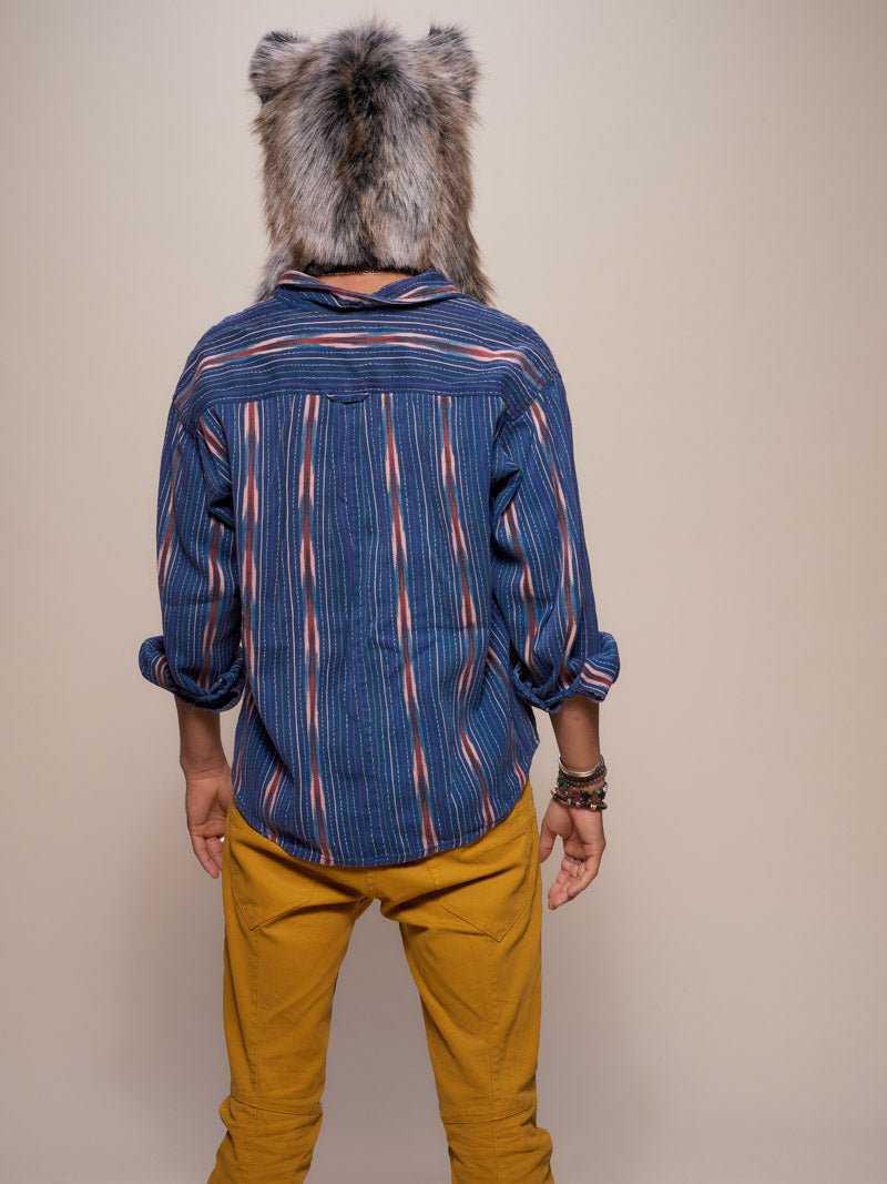 Man wearing faux fur Grey Wolf Sedona Collector Edition SpiritHood, back view
