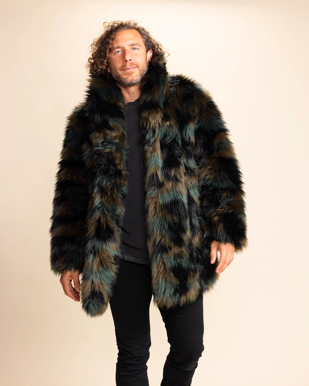 Man wearing a SpiritHoods Made To Order Camo Cat green and brown fake fur coat with a neutral background