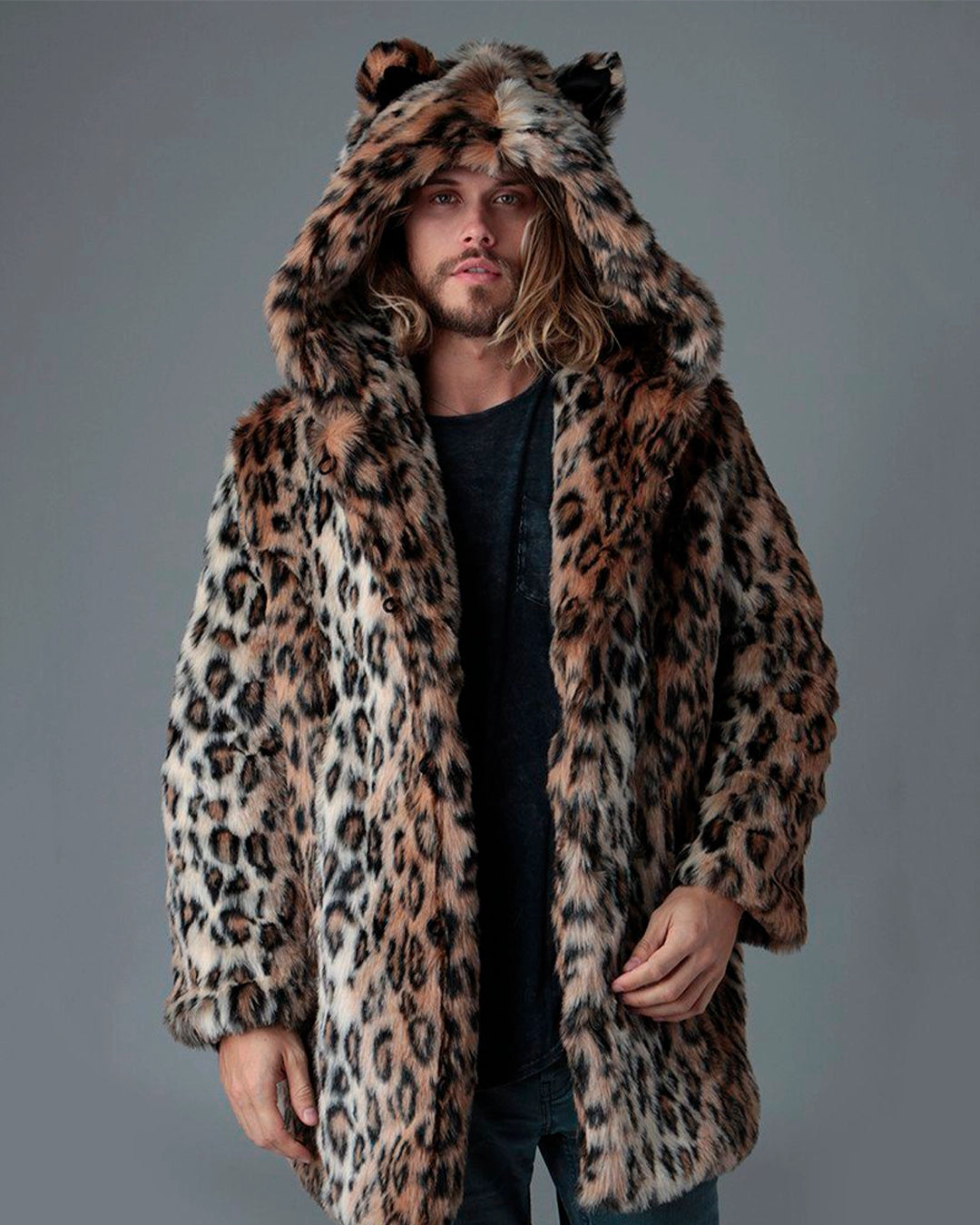 A Man wearing SpiritHoods Best Selling Classic leopard print fake fur coat with hood and feline ears on a plain background.
