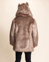 A Man facing away from the camera, to show the beautiful sheen of the Italian Wolf Classic Brown Faux Fur SpiritHoods Coat. 100% Vegan Fashion Brand, Top Rated Festival Brand. As Seen on Shark Tank