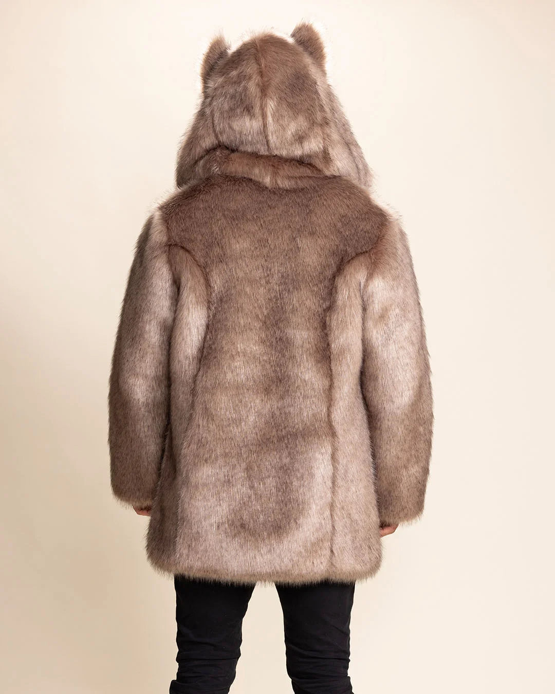 A Man facing away from the camera, to show the beautiful sheen of the Italian Wolf Classic Brown Faux Fur SpiritHoods Coat. 100% Vegan Fashion Brand, Top Rated Festival Brand. As Seen on Shark Tank