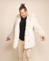 High-end men's streetwear: an all-white Arctic Wolf faux fur coat with a relaxed silhouette and functional 4-pocket design.