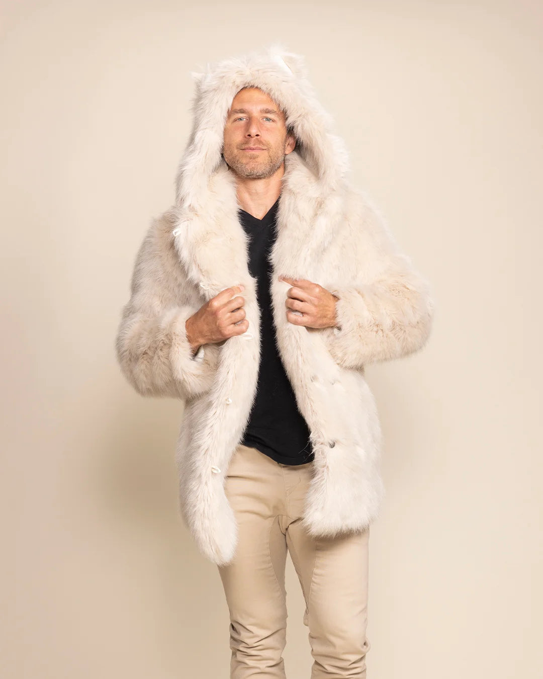 men's Arctic Wolf white faux fur coat featuring an oversized hood with wolf ears and a plush ivory finish