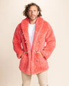 100% vegan men's Pink Panther fur jacket with custom logo buttons and high-quality plush feel