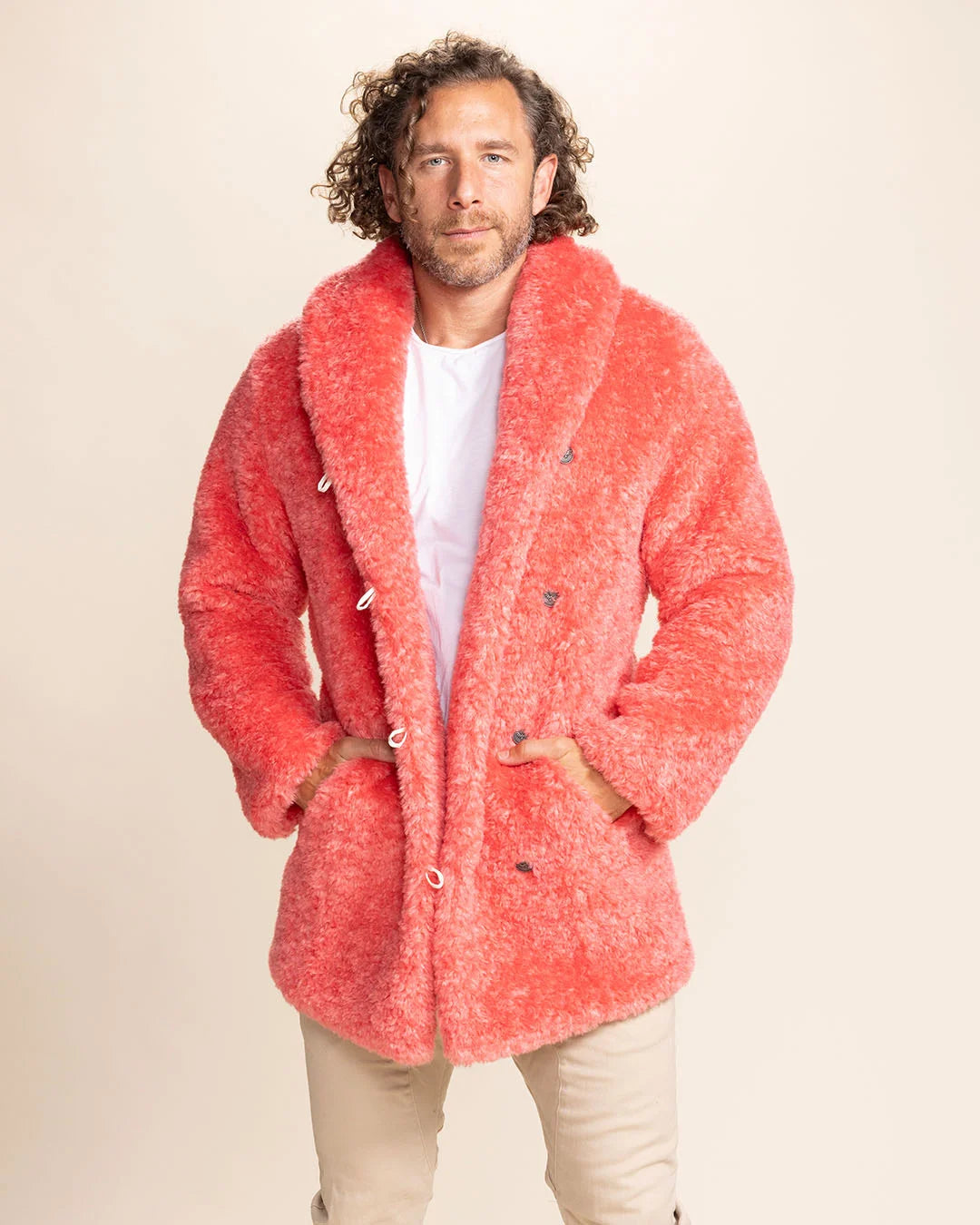 100% vegan men's Pink Panther fur jacket with custom logo buttons and high-quality plush feel