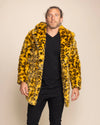 Unisex yellow cheetah print fake fur festival coat in a relaxed fit, ideal for festivals and music events.