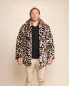 Exclusive men's vegan outerwear: the Oncilla leopard print coat with 4 functional pockets and premium plush fur.