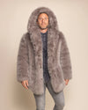 Men's Grey Fox Hooded faux fur coat in a relaxed unisex fit, featuring a plush grey animal-inspired fake fur design.