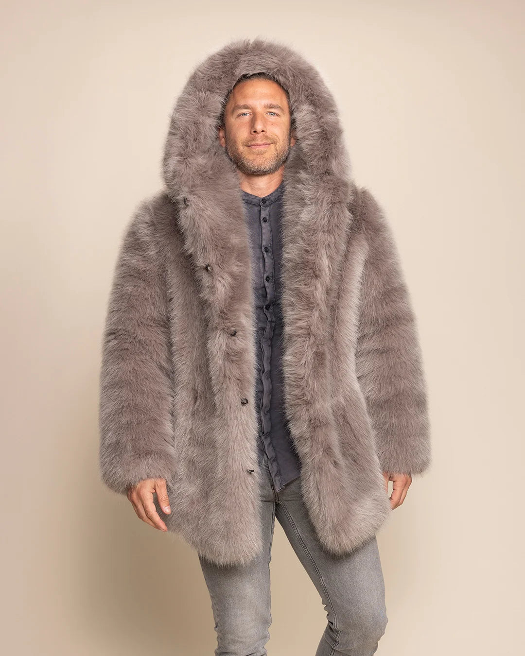 Men's Grey Fox Hooded faux fur coat in a relaxed unisex fit, featuring a plush grey animal-inspired fake fur design.