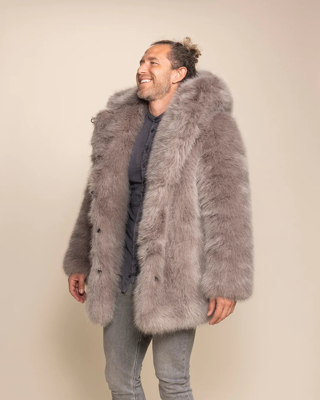Men's Grey Fox Hooded faux fur coat in a relaxed unisex fit, featuring a plush grey animal-inspired fake fur design.