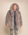 Luxury Men's Grey Fox Fur Parka for festivals and outdoor events, featuring 100% vegan cruelty-free materials.