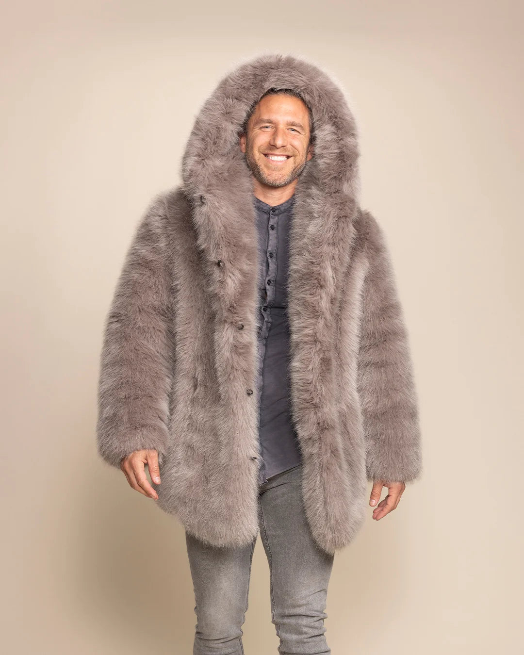 Luxury Men's Grey Fox Fur Parka for festivals and outdoor events, featuring 100% vegan cruelty-free materials.