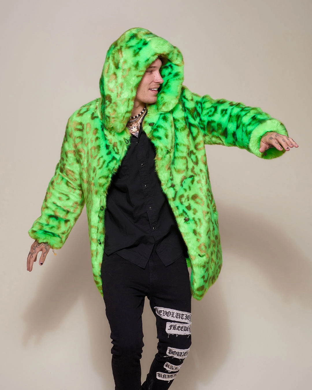 Luxury men's neon green leopard parka for Burning Man, featuring 4 functional pockets and premium vegan fur.