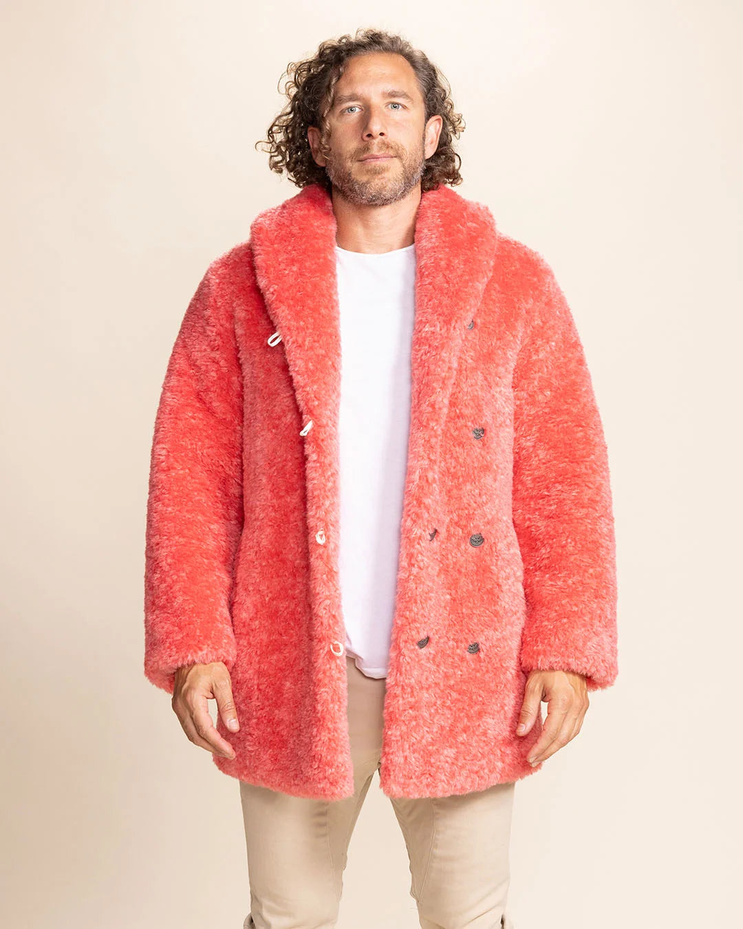 Versatile unisex Pink Panther vegan fur layering piece with a large collar and peacoat button closure