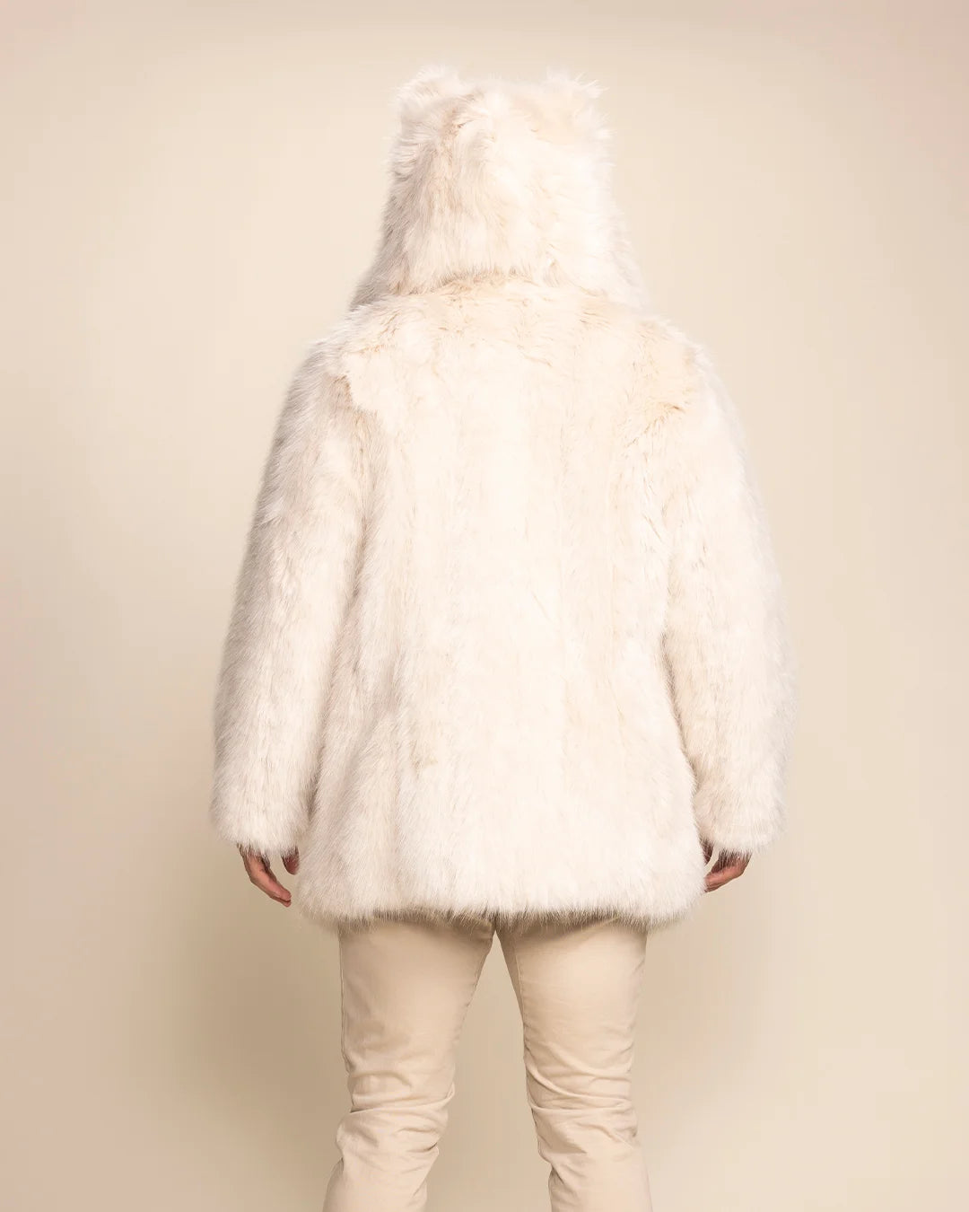 100% vegan Fashion Brand men's ivory wolf white fur coat with custom buttons and high-quality plush feel.