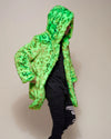 Men's neon green leopard faux fur coat featuring an oversized hood and a relaxed, unisex silhouette.