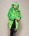 High-end men's streetwear: a neon green leopard faux fur coat with limited stock and sustainable production.