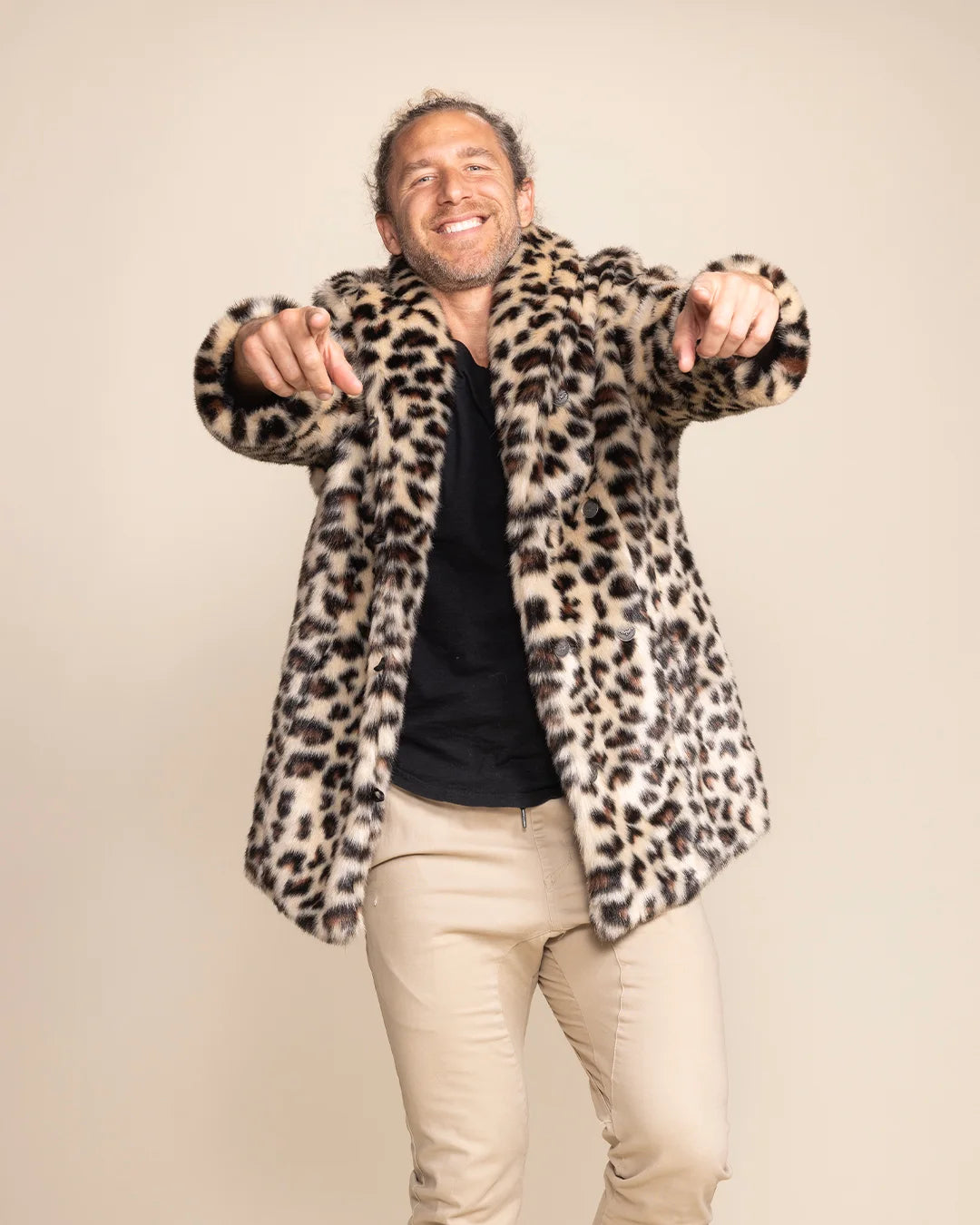 Top-rated festival fashion for men: the Oncilla leopard faux fur coat, perfect for Burning Man night-wear.