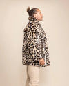 Side view of the men's Oncilla collared leopard coat by SpiritHoods, highlighting the detailed print and texture.