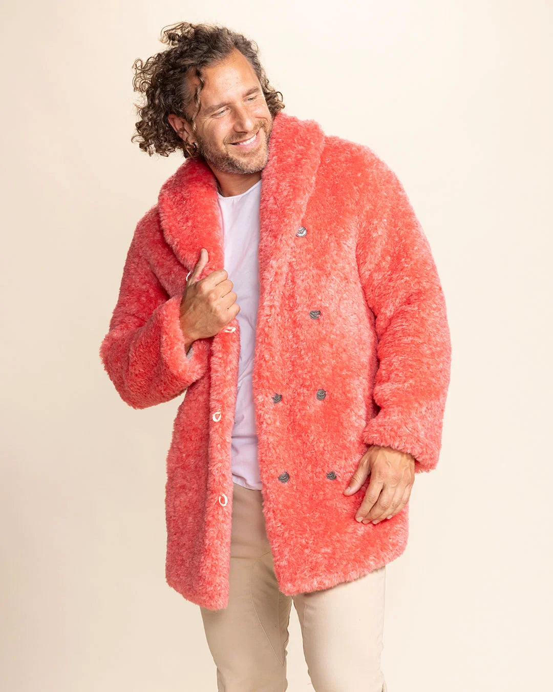 Top-rated festival fashion for men: the Pink Panther faux fur parka with collar, 4 pockets, and peacoat buttons.