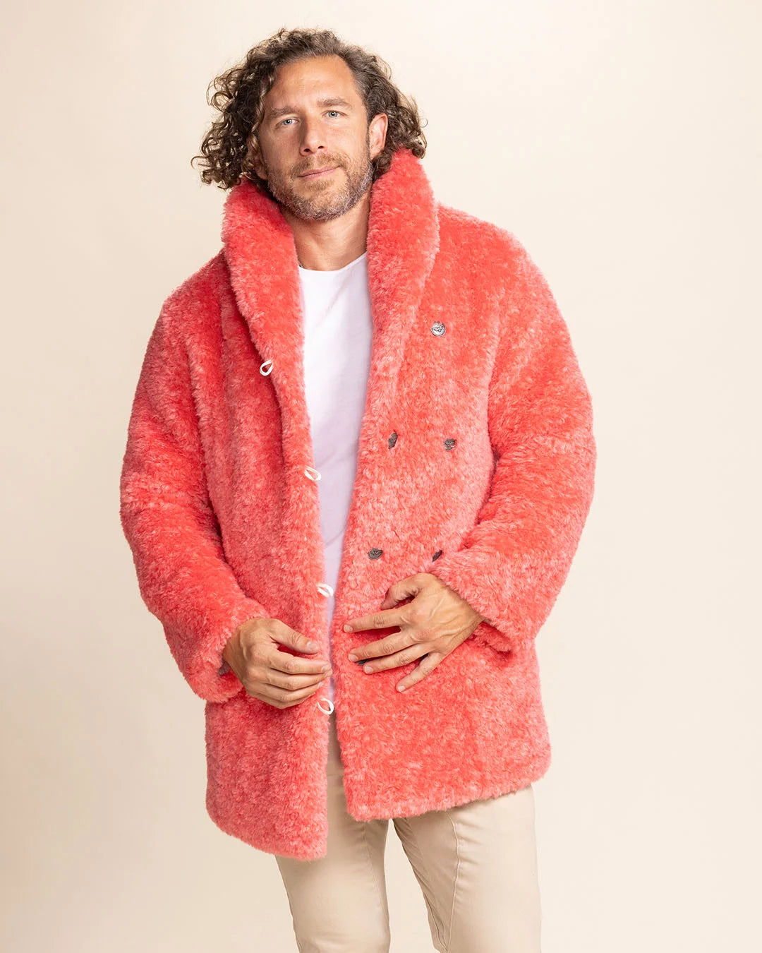 Men's Pink Panther faux fur coat featuring a heavyweight oversized collar and relaxed unisex fit.