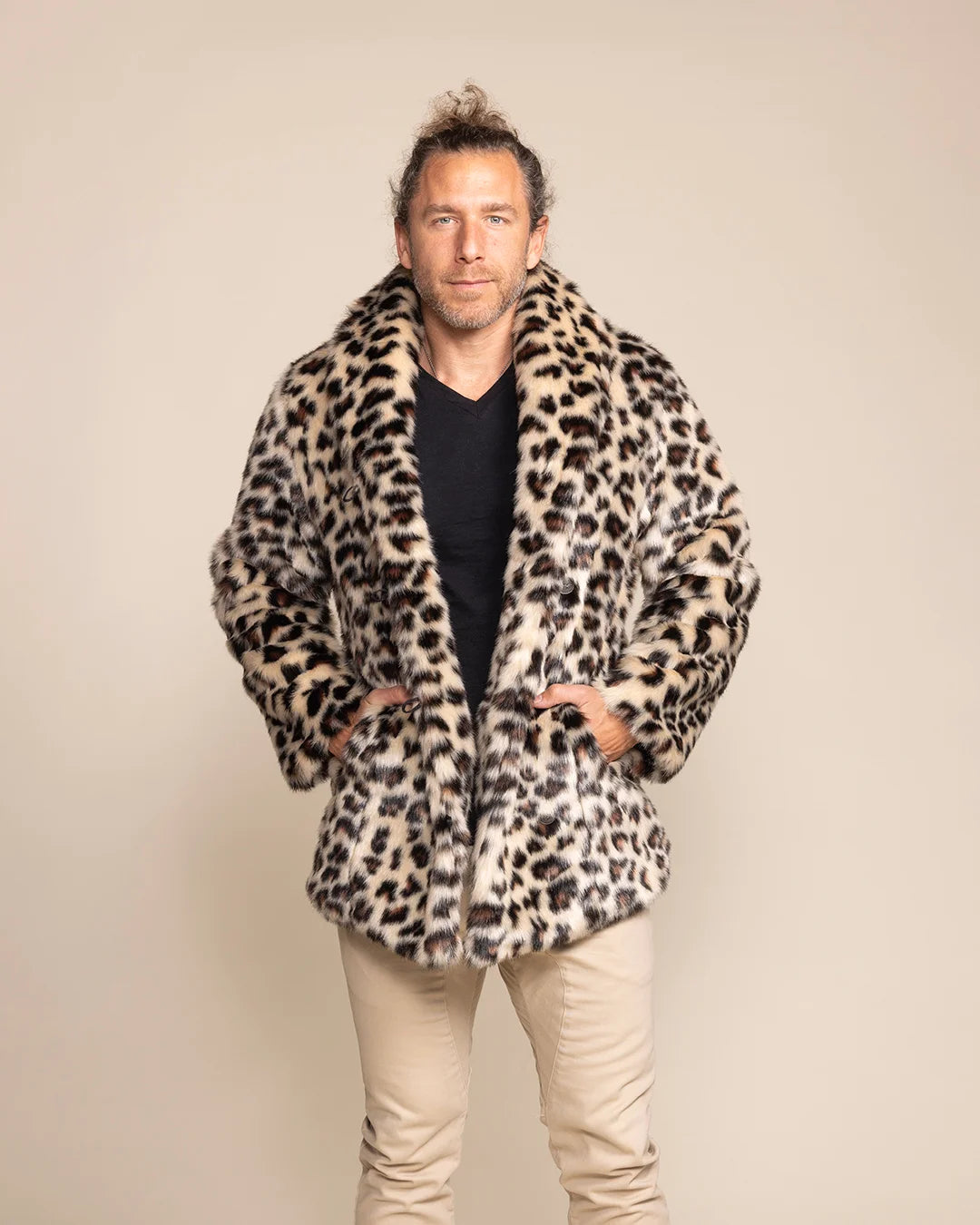 Men's SpiritHoods Oncilla faux fur collared coat in a bold leopard print with a relaxed unisex fit.