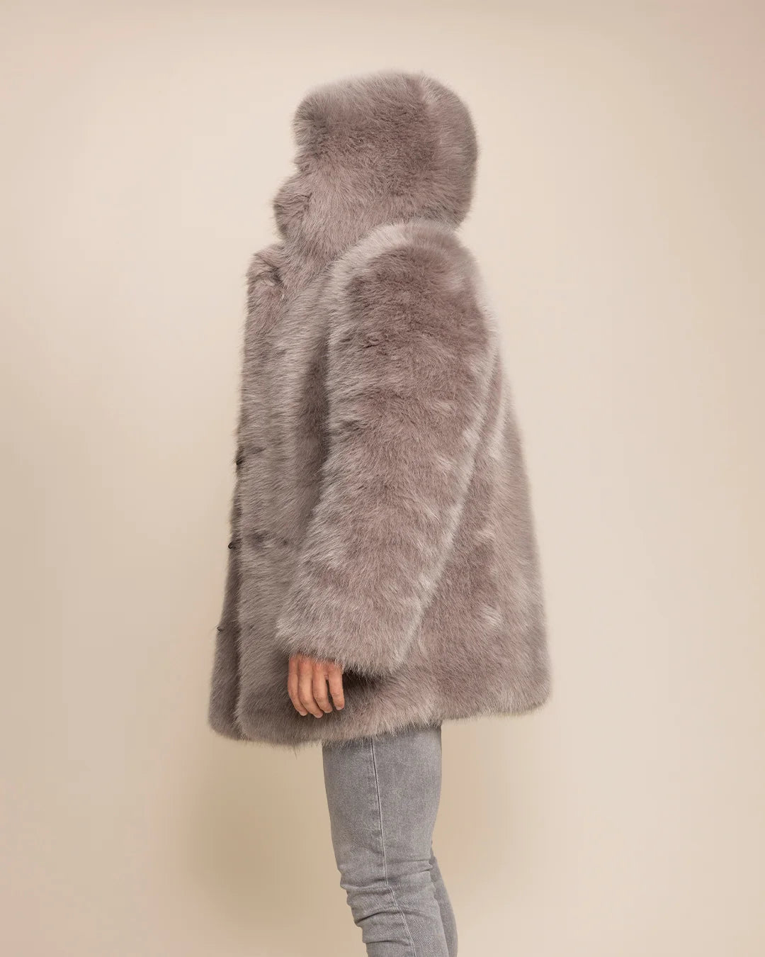 Versatile unisex Grey Fox limited production run faux fur layering piece with 4 pockets and an oversized hood.