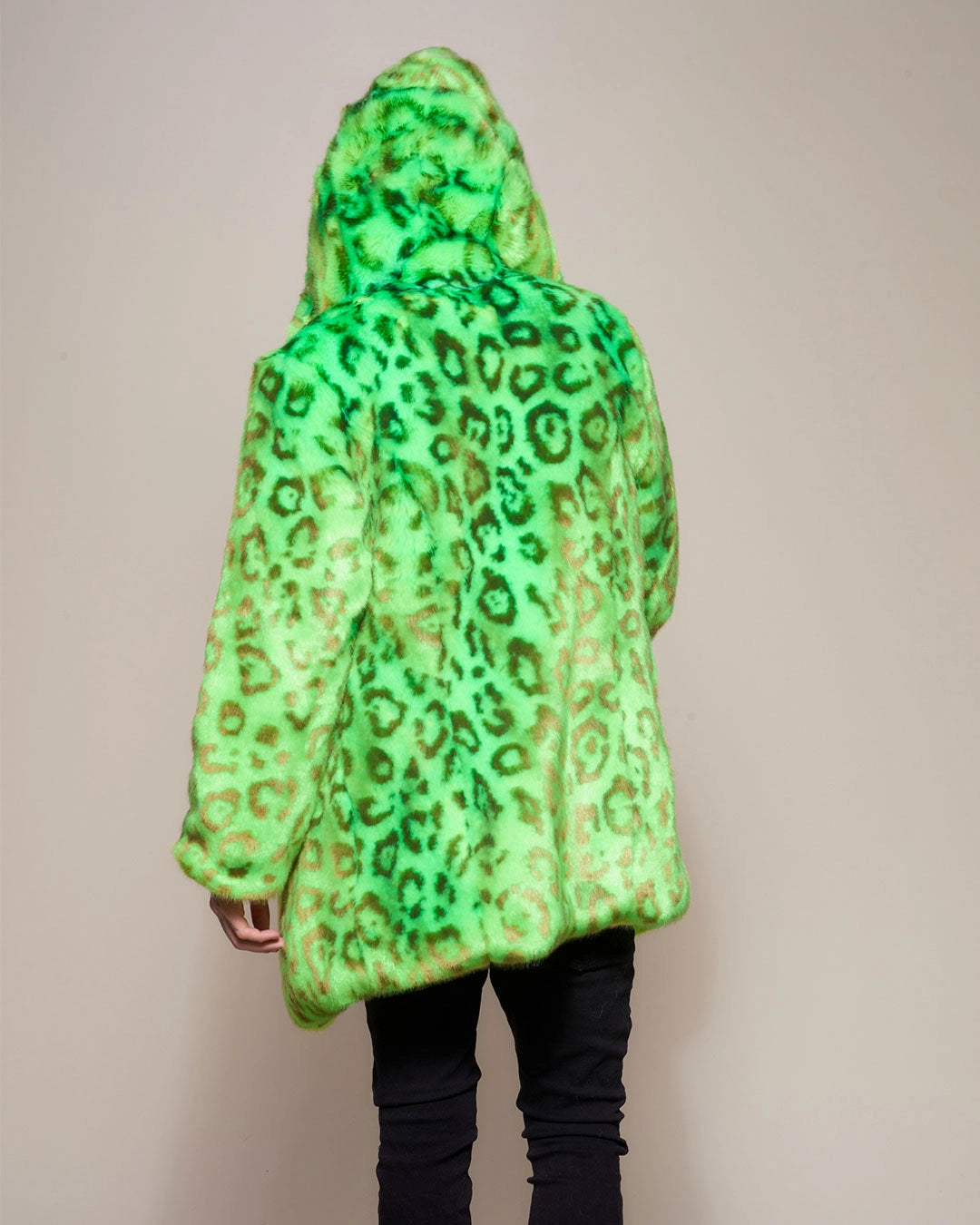Top-rated festival fashion for men: the neon green leopard luxe fur parka with a large hood and relaxed fit.