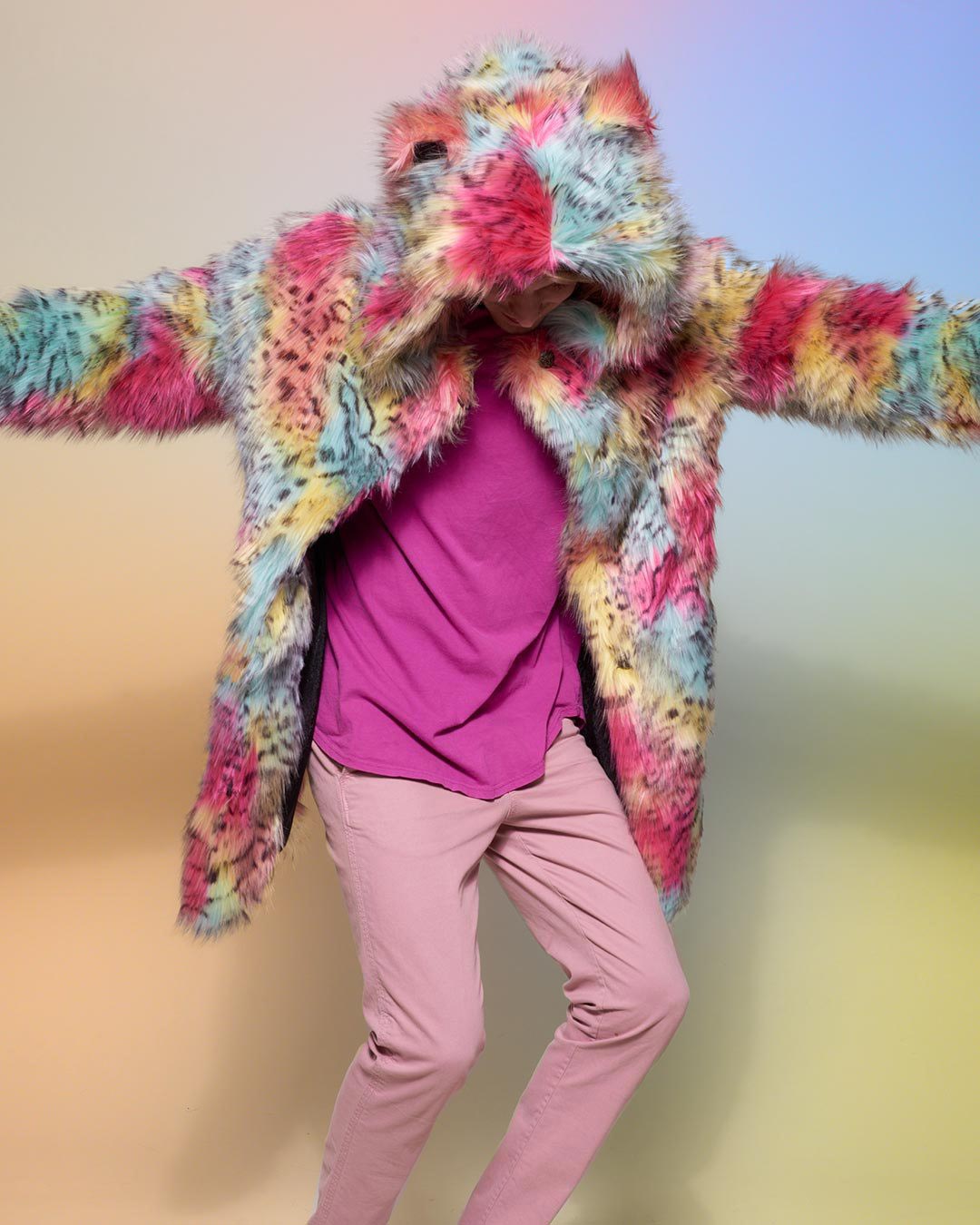 Man wearing faux fur Oaxaca Jaguar Classic Faux Fur Coat, front view 1