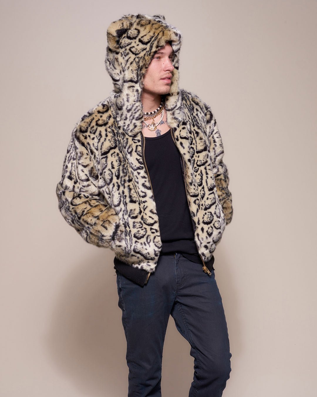 Man wearing Ocelot Luxe Classic  Faux Fur Bomber Jacket