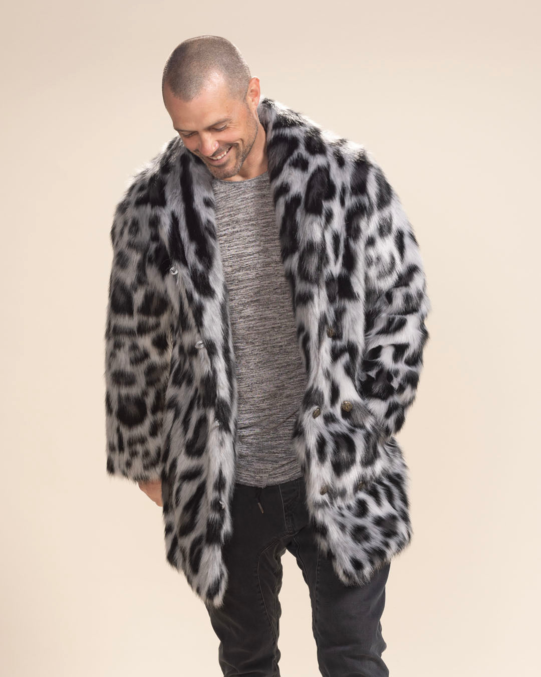Himalayan Snow Leopard Collared Collector Edition Faux Fur Coat | Men&#39;s