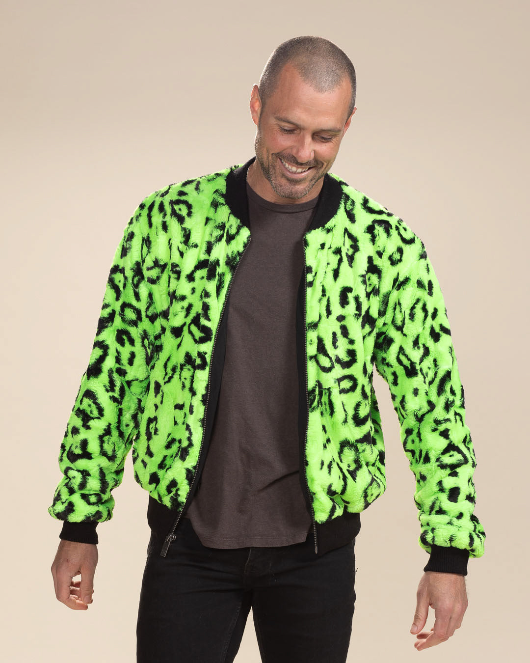 Neon Green Leopard Ultra Soft Faux Fur Bomber Jacket | Men&#39;s