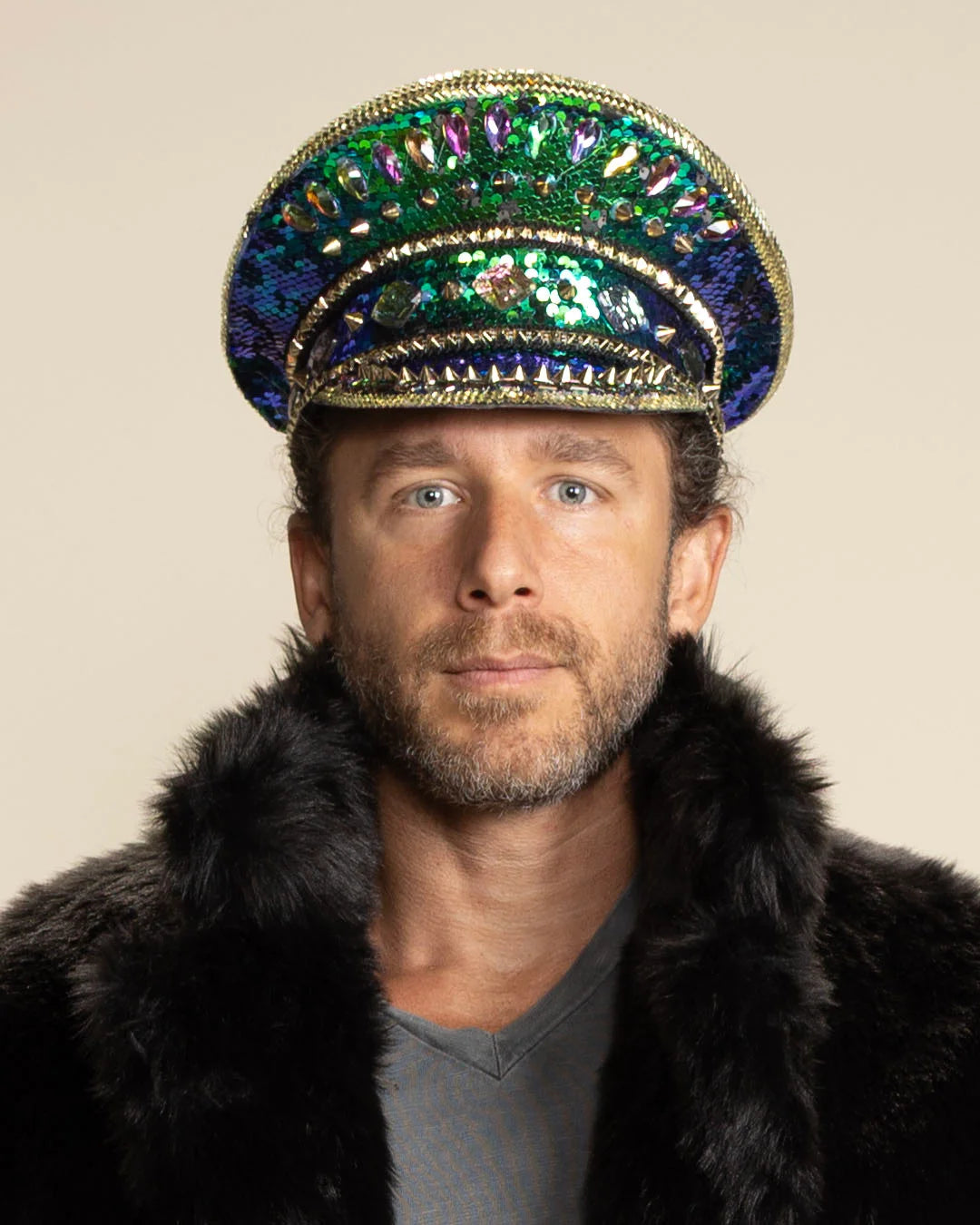 Men's Festival Hat - Captain Hat | Sequin Blue Green Hummingbird