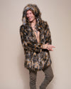 Man wearing Brindle Wolf Hooded Faux Fur Coat, front view