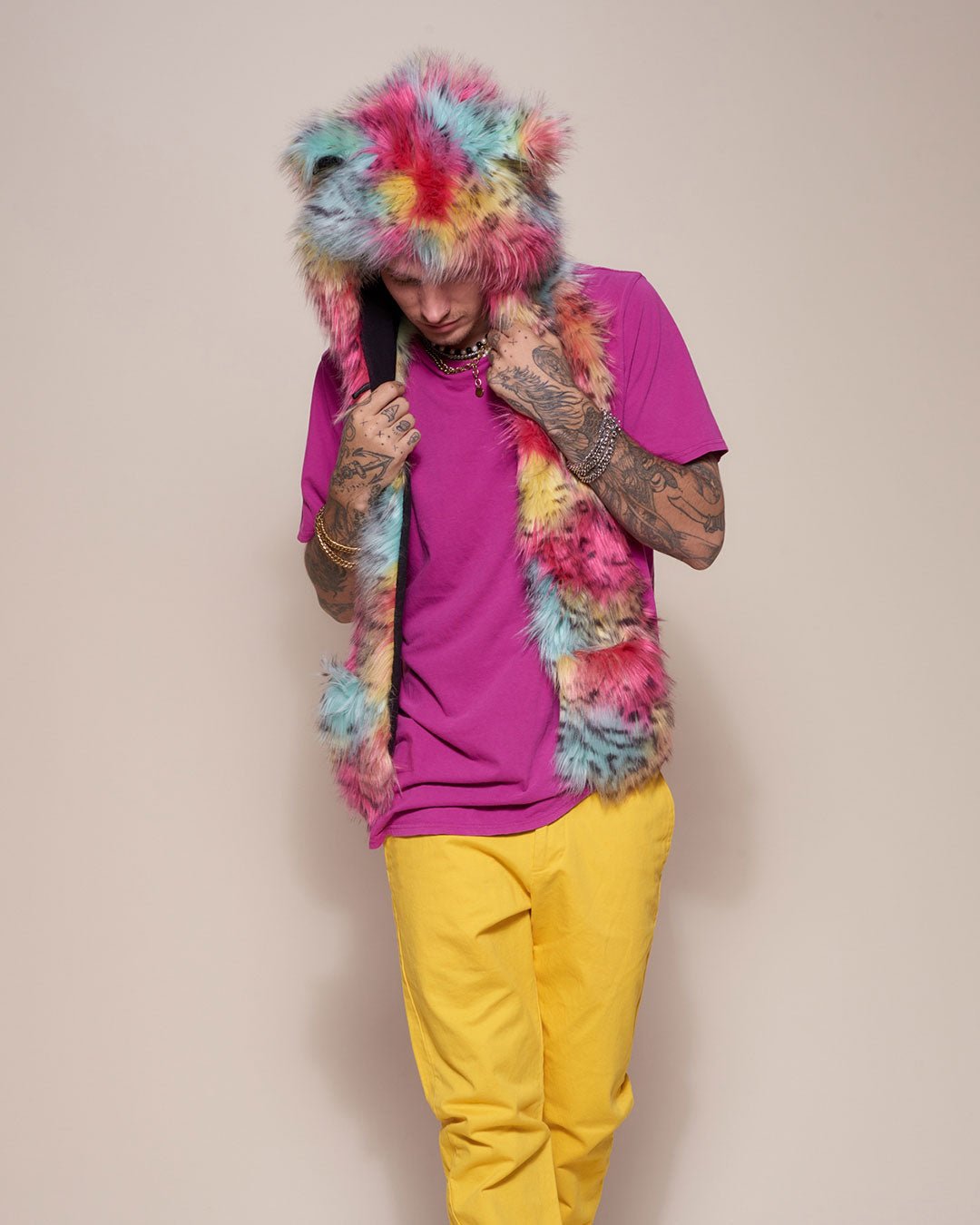 Man wearing Oaxaca Jaguar Collector Edition Faux Fur Hood