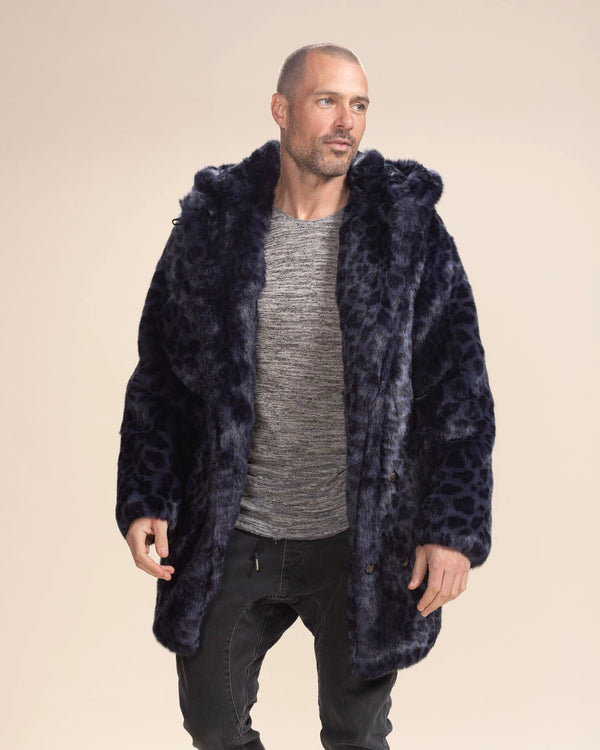 Men's Faux Fur Coat With Hood | Indigo Leopard - SpiritHoods