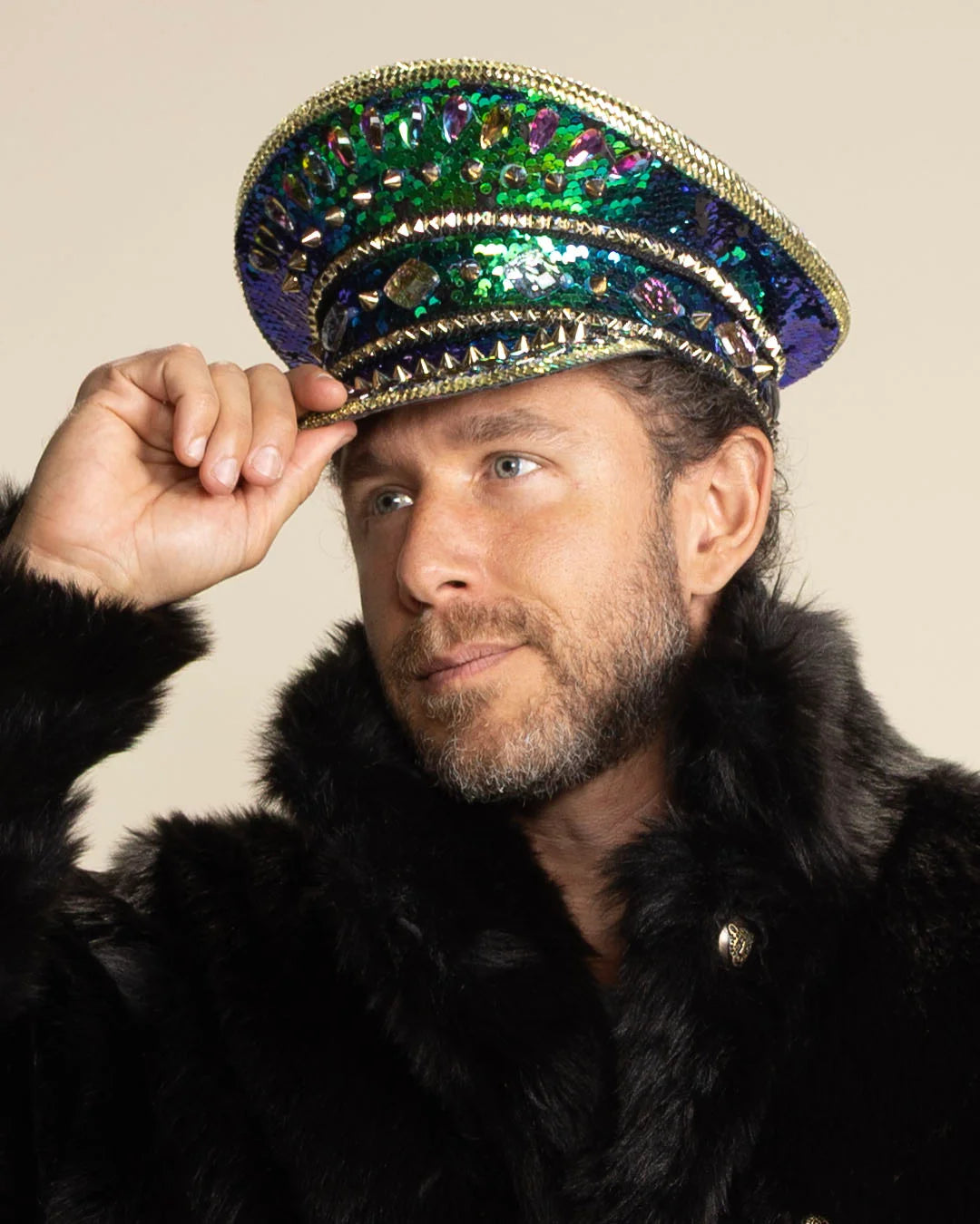 Men's Festival Hat - Captain Hat | Sequin Blue Green Hummingbird