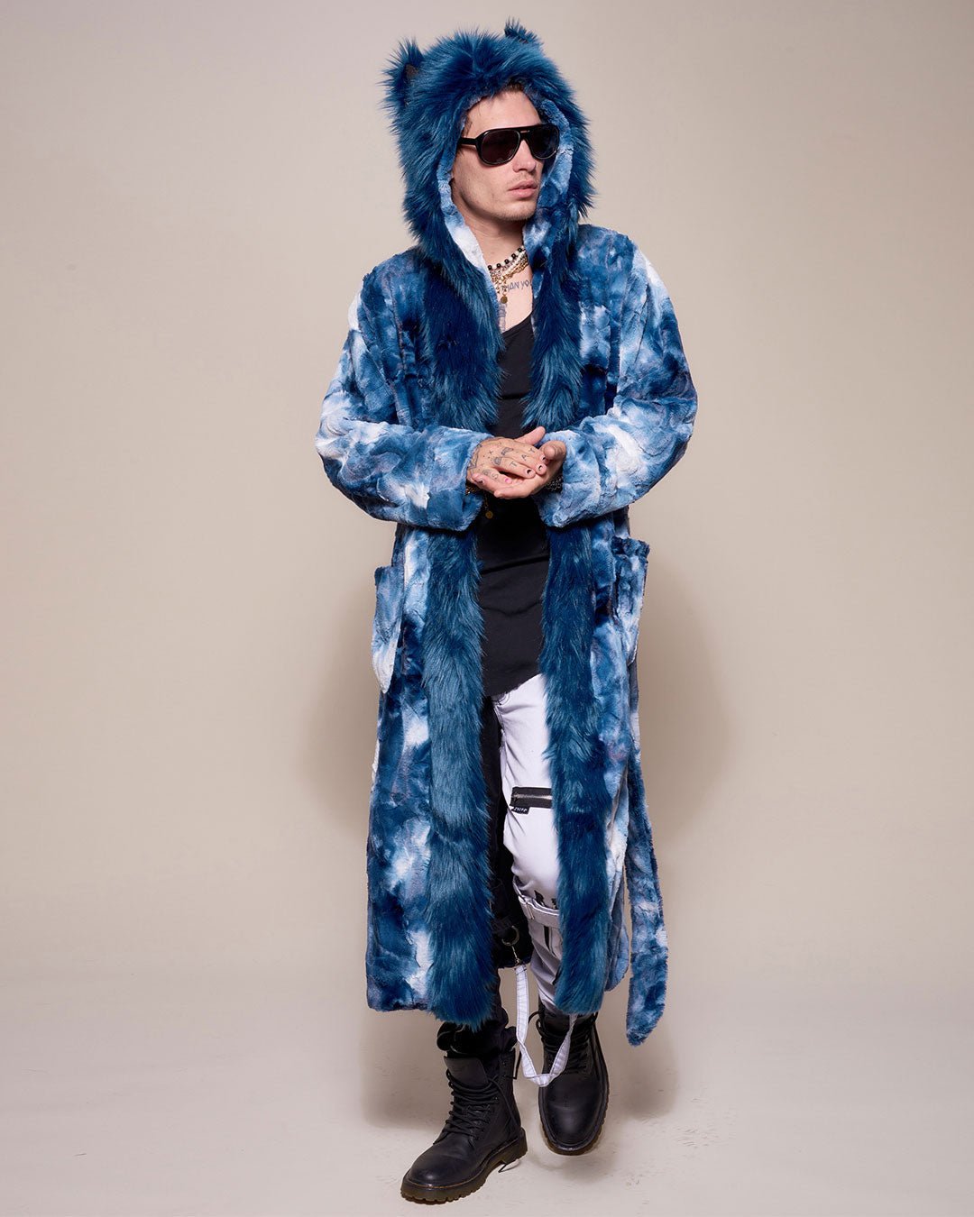 Wolf Print Robe Blue Tie Dye Wolf Faux Fur Men's Robe with Hood | SpiritHoods