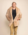 Men's cougar Faux Fur Coat in tan featuring an oversized collar and a relaxed unisex fit